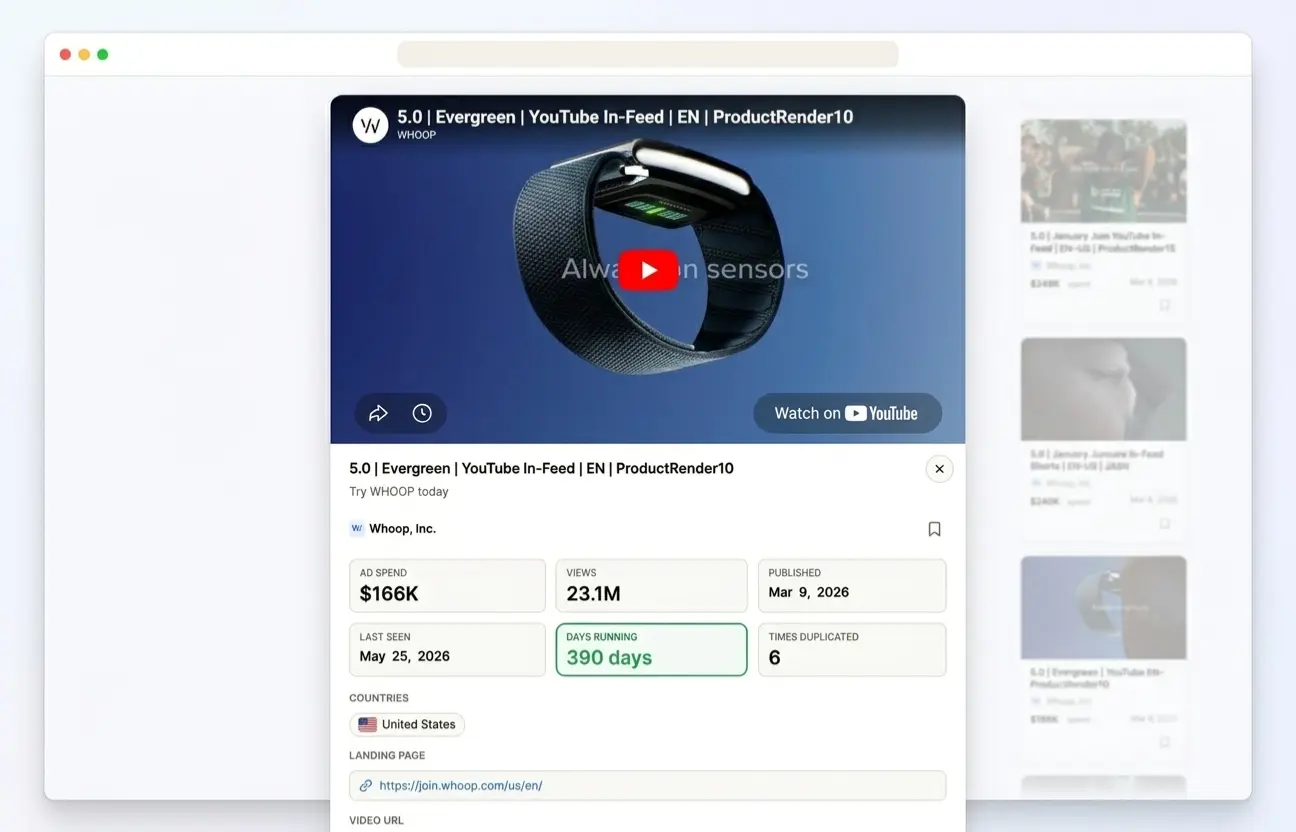 VidSniff ad detail showing competitor YouTube ad with estimated spend, views, days running, duplicates and country targeting