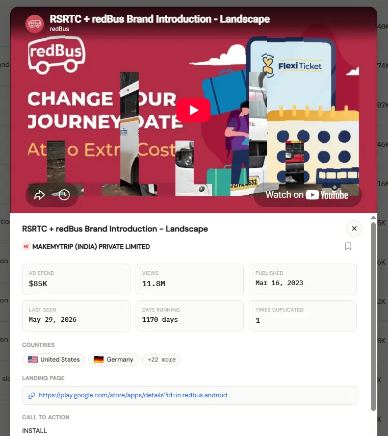MakeMyTrip YouTube ad detail in VidSniff showing 1,170 days running, 11.8M views and $85K estimated ad spend