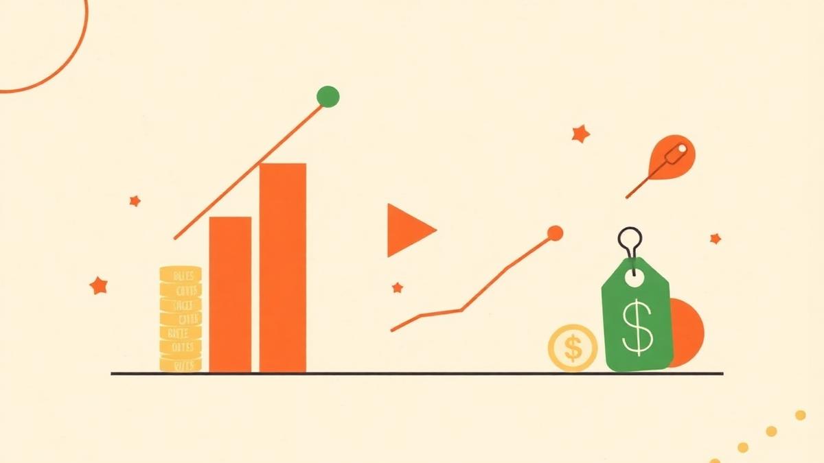 Abstract editorial illustration in cream, red-orange and green showing rising bar charts, a play button and price tags.