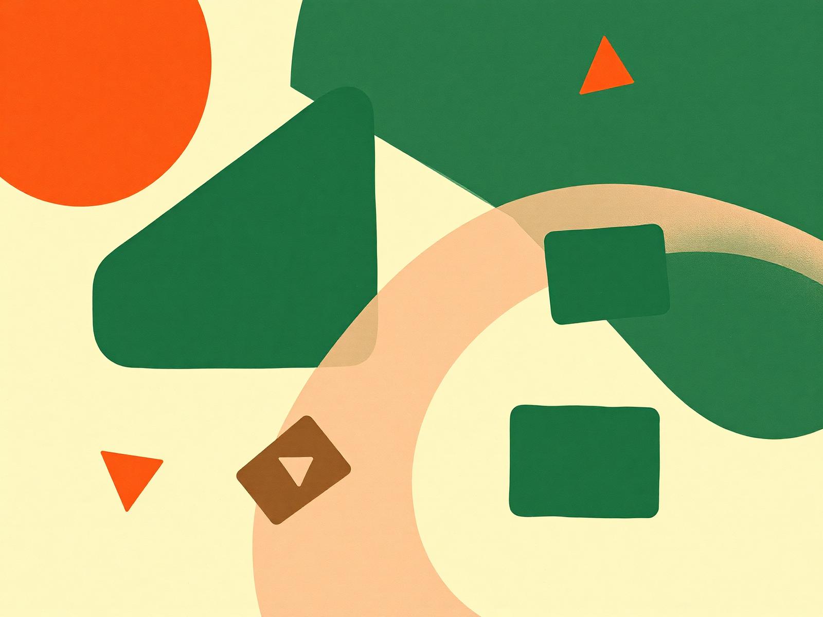 Abstract editorial illustration in warm cream, red-orange, and green representing YouTube ad research.