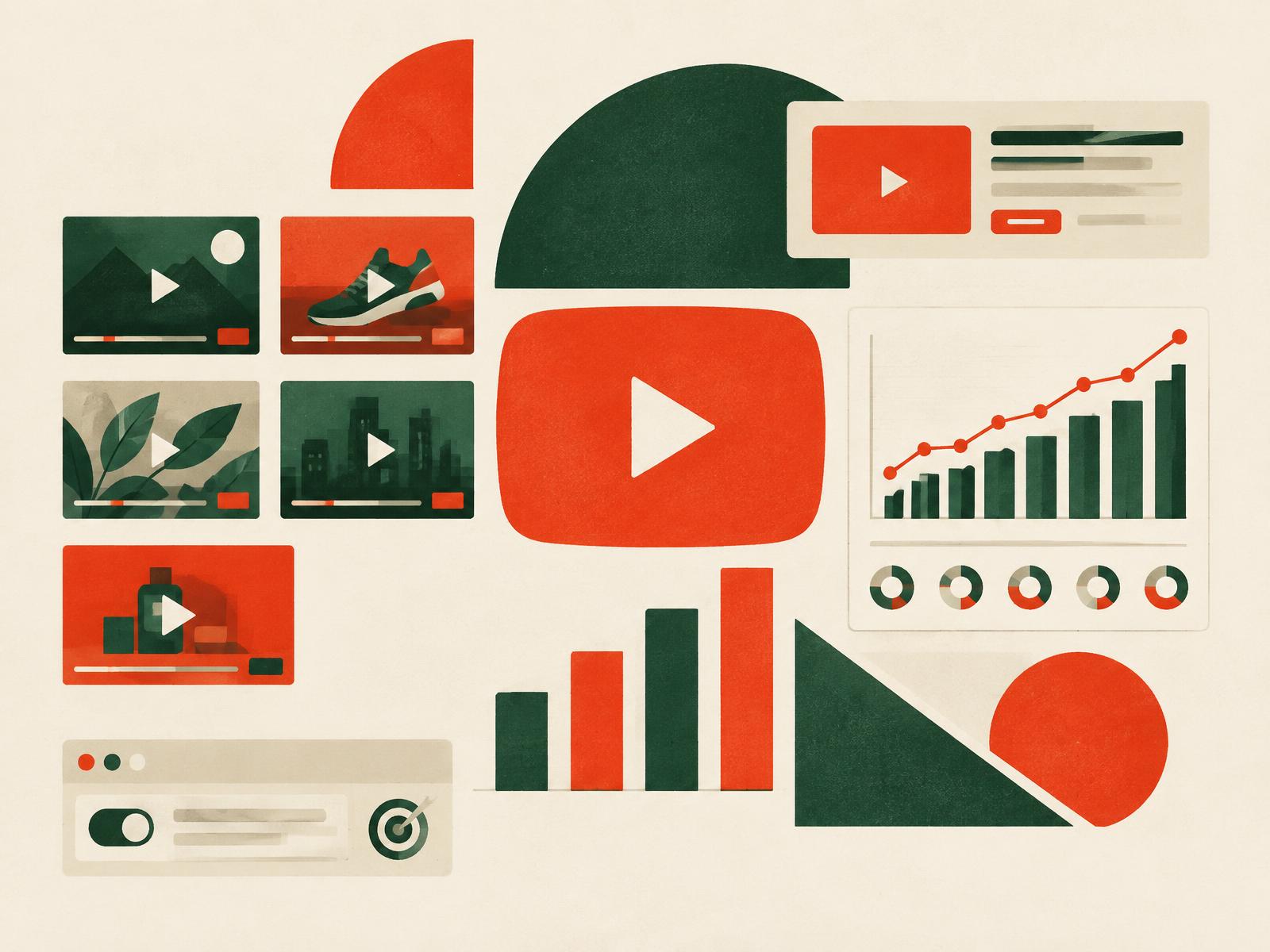 Editorial illustration of YouTube video ads, campaign controls and performance charts in VidSniff's cream, red-orange and green palette.